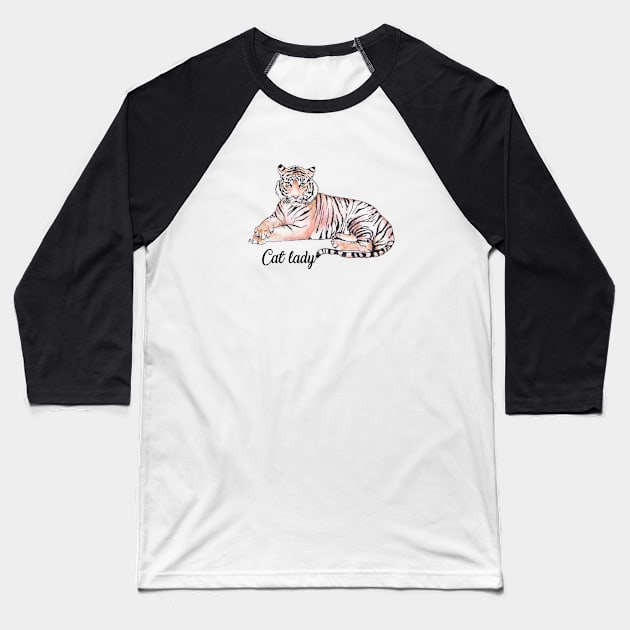 Cat Lady Funny Tiger Watercolor Illustration Baseball T-Shirt by wanderinglaur